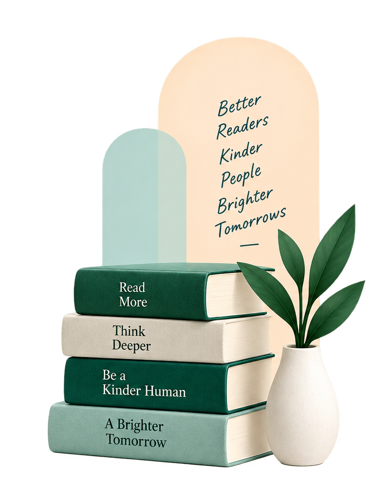 A stack of books titled Read More, Think Deeper, Be a Kinder Human and A Brighter Tomorrow beside a plant